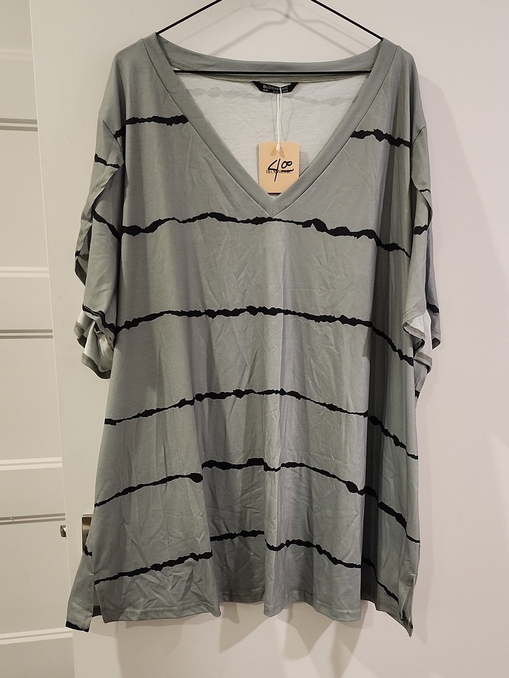 P2P 26" BloomChic Sage V-Neck Tunic with Black Stripes